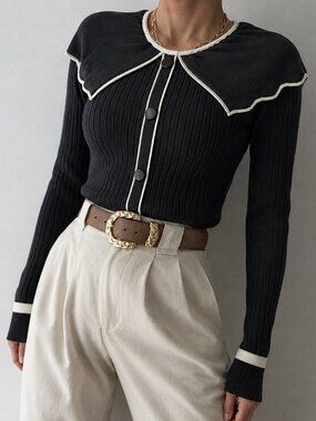 Lili Sidonio Black White Ribbed Top Oversized Collar Size Small